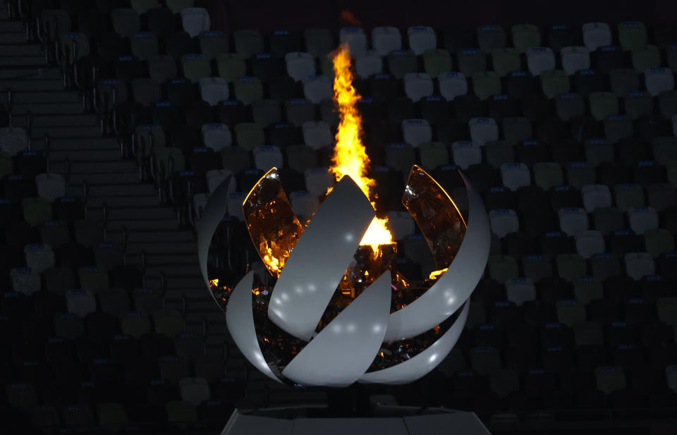 TOKYO, JAPAN - AUGUST 8, 2021: The Olympic cauldron is seen during the closing ceremony of the 2020 Summer Olympic Games at the Japan National Stadium (a.k.a the Olympic Stadium). The Olympic Games were held amid the COVID-19 pandemic. The closing ceremony features live and pre-recorded elements. Stanislav Krasilnikov/TASS (Photo by Stanislav Krasilnikov\TASS via Getty Images)