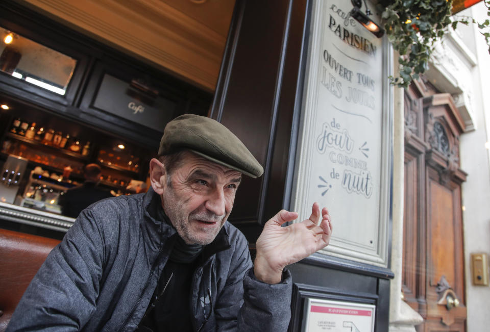 Josu Urrutikoetxea, a former leader of Basque separatist militant group ETA, speaks in Paris, Thursday, Oct. 15, 2020. Josu Urrutikoetxea, the last known chief of ETA, the now-extinct Basque separatist militant group, goes on trial Monday Oct. 19, 2020 in Paris for terrorism charges that he deems “absurd” because of his role in ending a conflict that claimed hundreds of lives and terrorized Spain for half a century. (AP Photo/Michel Euler)