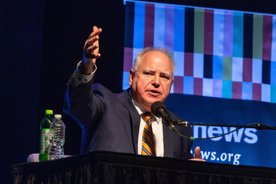 Incumbent Governor Tim Walz debates gubernatorial candidate Scott Jensen in the third and final gubernatorial debate at the Fitzgerald Theater Friday, Oct. 28, 2022, in St. Paul, Minn.