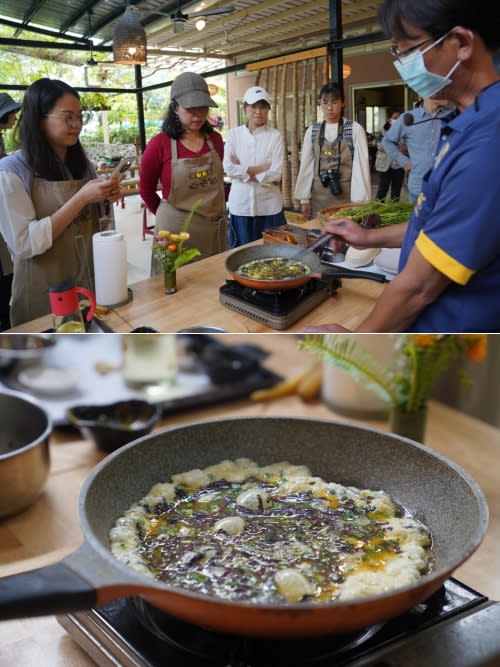 跟著示範，用自己做的豆腐、採摘的蔬菜及雞蛋，親自動手做午餐。