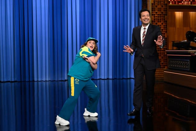 Actress Rachel Dratch as an Olympic breakdancer during a monologue walk-on with host Jimmy Fallon on Aug. 12, 2024. - Credit: Todd Owyoung/NBC