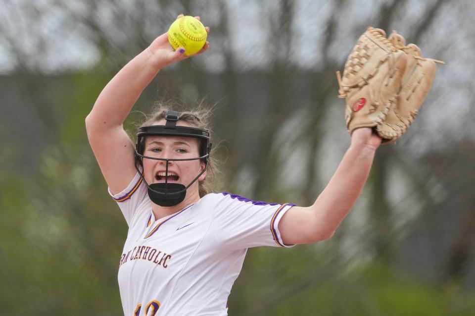 Guerin Catholic Golden Eagles Izzy Kemp (12) throws the ball on Wednesday, April 20, 2022, at Guerin Catholic High School in Noblesville. 