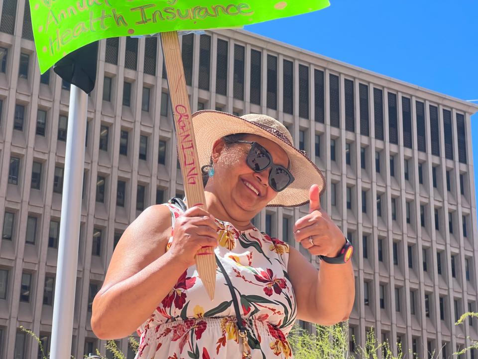 Maria Sanchez protests her own termination outside Phoenix City Hall, April 10, 2024. Sanchez cleaned the offices of mayors, council members and city managers for a decade. She was fired for dress code from 3H & 3H, a city contractor.