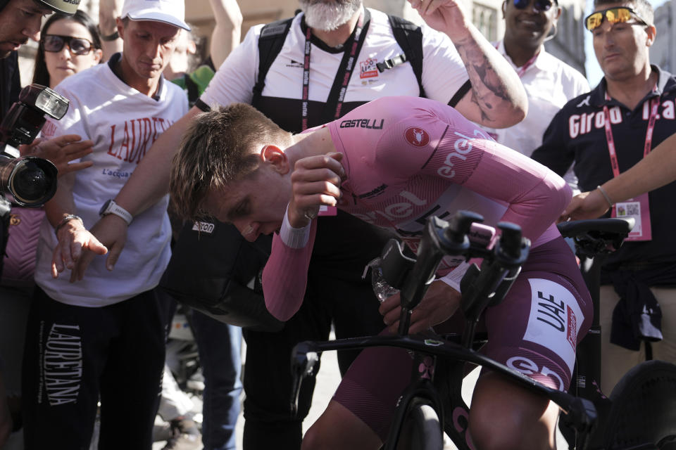 Slovenia's Tadej Pogacar reacts after winning the stage 7 of the of the Giro d'Italia, Tour of Italy cycling race, a time trial from Foligno to Perugia, Friday, May 10, 2024 (Marco Alpozzi/Lapresse)/LaPresse via AP)
