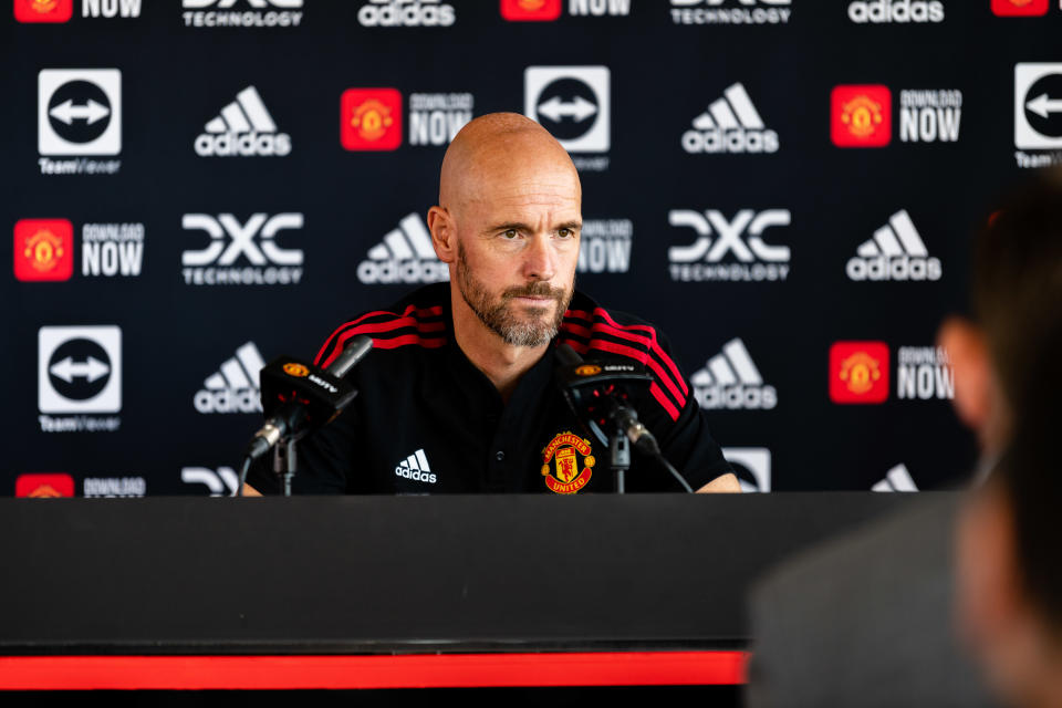 Manchester United Manager Erik ten Hag speaks during a press conference.