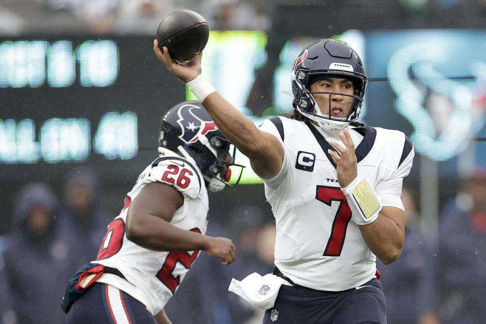 Houston Texans quarterback C.J. Stroud (7) passes against the New York Jets during the first quarter of an NFL football game, Sunday, Dec. 10, 2023, in East Rutherford, N.J. (AP Photo/Adam Hunger)
