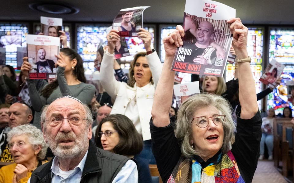 Actress Maureen Lipman (right) at a Time is Running OUt event at St John's Wood synagogue, London, to mark the six-month anniversary of October 7