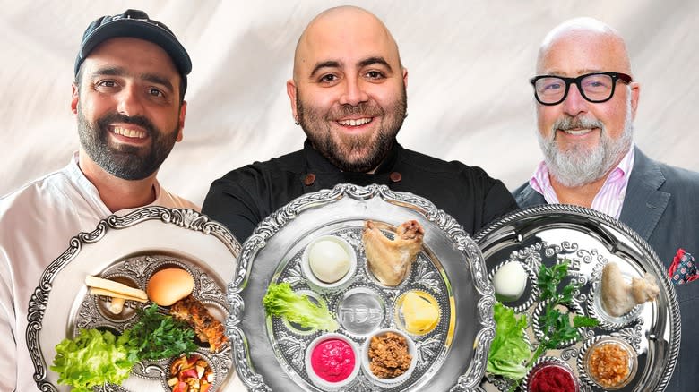 Alon Shaya, Duff Goldman, Andrew Zimmern hold seder plates