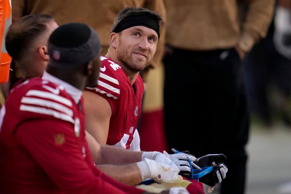 San Francisco 49ers fullback Kyle Juszczyk watches from the bench during the second half against the Tampa Bay Buccaneers on Nov. 19, 2023, in Santa Clara, Calif.