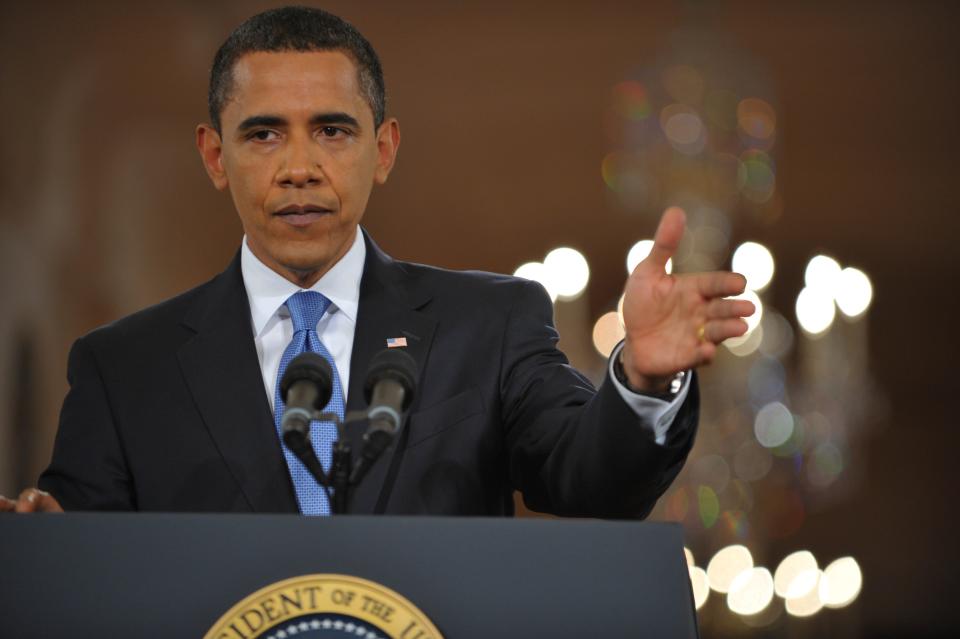 President Barack Obama addresses a prime time press conference on his 100th day in office in the East Room of the White House on April 29, 2009.