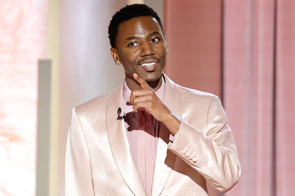 Host Jerrod Carmichael speaks onstage during the 80th Annual Golden Globe Awards at The Beverly Hilton in Beverly Hills, on Tuesday. (Rich Polk / NBC)