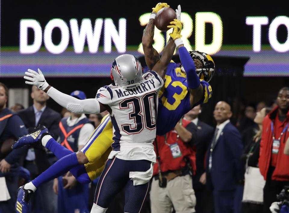 <p>New England Patriots’ Jason McCourty (30) breaks up pass intended Los Angeles Rams’ Josh Reynolds (83), during the first half of the NFL Super Bowl 53 football game Sunday, Feb. 3, 2019, in Atlanta. (AP Photo/Frank Franklin II) </p>