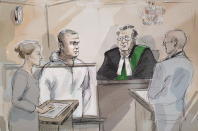 <p>In this courtroom sketch, Duty counsel Georgia Koulis, from left, Alek Minassian, Justice of the Peace Stephen Waisberg and Crown prosecutor Joe Callaghan appear in court in Toronto on Tuesday, April 24, 2018. (Photo: Alexandra Newbould/The Canadian Press via AP) </p>