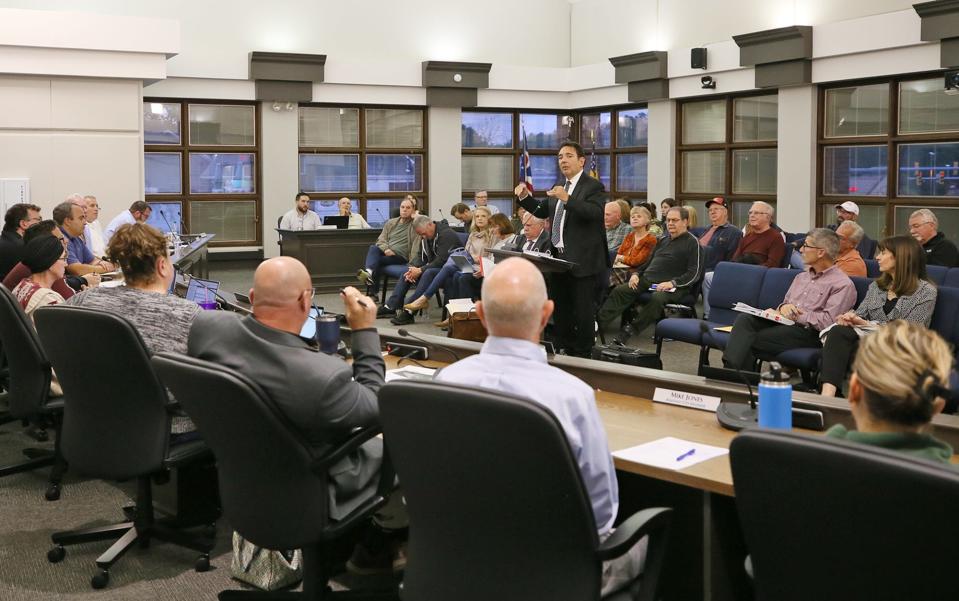 Attorney John Slagter speaks in support of the Miller's Landing subdivision Thursday during a Stow City Council meeting.