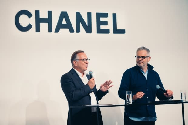 Chanel President of Fashion Bruno Pavlovsky with Tyler Brûlé onstage at a "master class" hosted by the brand the day after the Replica show.<p>Photo: Courtesy of Chanel</p>