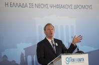 Microsoft President Brad Smith speaks during a ceremony held in the Acropolis Museum, central Athens, on Monday, Oct. 5, 2020. Microsoft has announced plans to build three data centers in greater Athens, providing a badly needed investment of up to $1 billion to the Greek economy which has been hammered by the pandemic. (AP Photo/Petros Giannakouris)