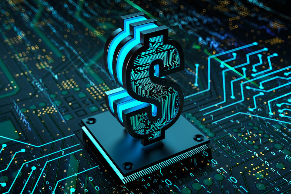 Digital dollar conceptualized as a chip on a circuit board.