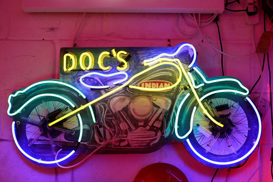 A neon light in the shape of a motorcycle