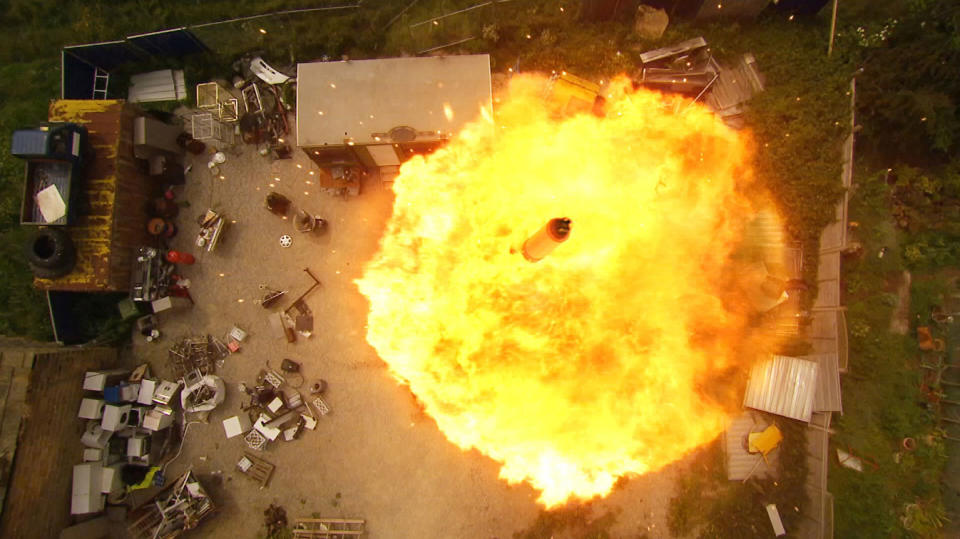 The explosion that took down a helicopter in Emmerdale. (ITV/Shutterstock)