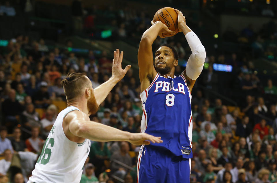 The 76ers’ Jahlil Okafor shoots against the Celtics on Monday night. (AP Photo/Winslow Townson)