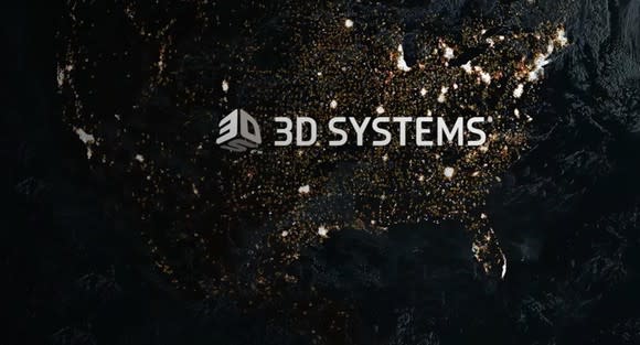 3D Systems logo over a map of the U.S. near dawn Eastern time.