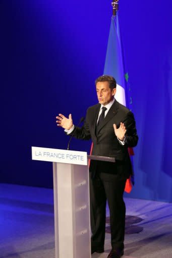 France's incumbent president and UMP candidate in the French 2012 presidential election Nicolas Sarkozy gives a speech during a campaign meeting in Ajaccio, Corsica