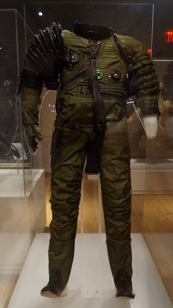 A B.F. Goodrich Mark V pressure suit from 1968. Suits like the Mark V were designed to keep aircraft pilots alive when they reached high altitudes, where oxygen was scarce (prior to the invention of pressurized cockpits). With the dawn of the s