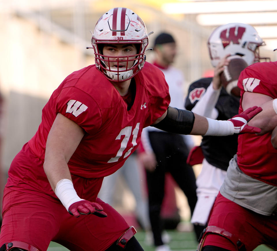 April 11, 2023; Madison, Wisconsin; Wisconsin offensive lineman Riley Mahlman (71) is shown during practice Tuesday, April 11, 2023 at Camp Randall Stadium. Mark Hoffman-USA TODAY Sports