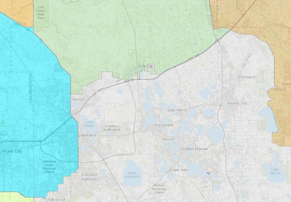 A close view of the boundaries of four congressional districts that divide Polk County.