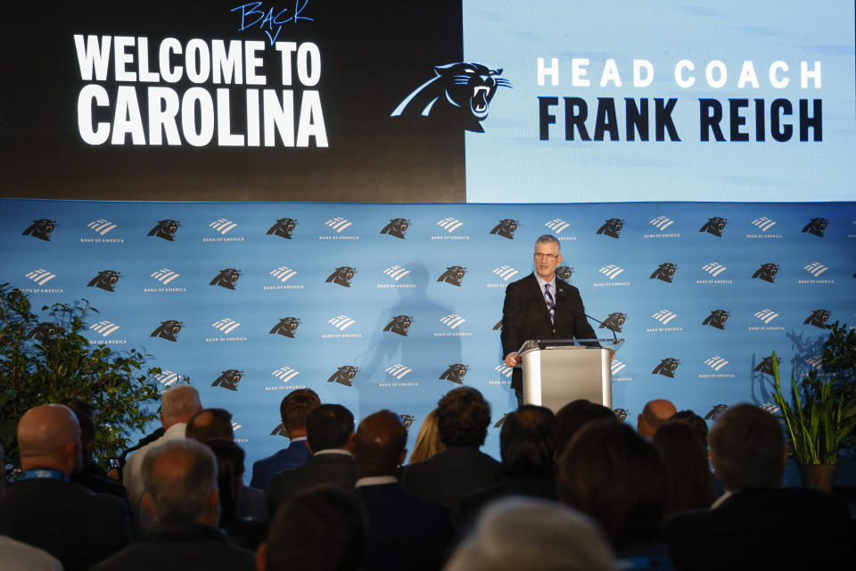 Carolina Panthers head coach Frank Reich answers a question during a news conference introducing him as the NFL football team's new head coach in Charlotte, N.C., Tuesday, Jan. 31, 2023. (AP Photo/Nell Redmond)