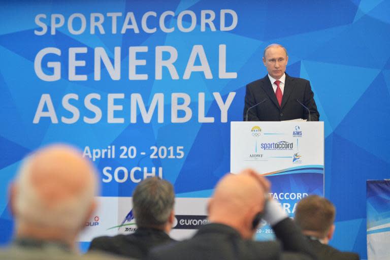 Russian President Vladimir Putin delivers a speech at the IOC SportAccord conference in Sochi on April 20, 2015