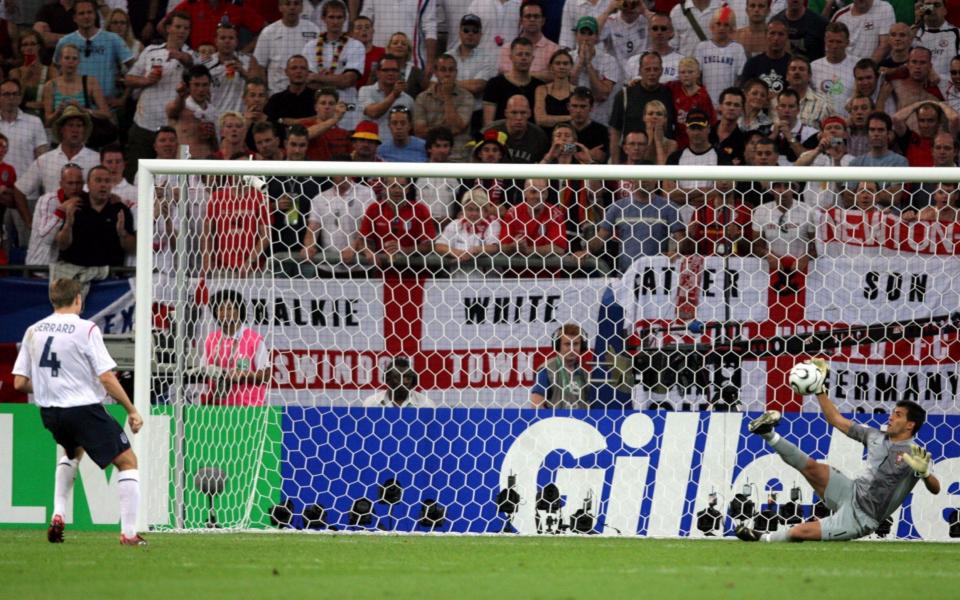 Steven Gerrard watches on as his penalty is saved at the 2006 World Cup