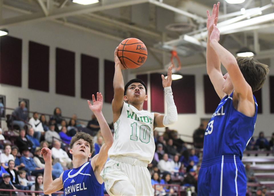 Floydada's Abran Castillo goes for a shot against Farwell in a Class 2A bi-district playoff Tuesday, Feb. 22, 2022, at Wildcat Gym in Littlefield.