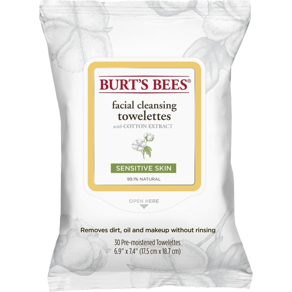 <a href="https://www.amazon.com/Burts-Bees-Sensitive-Cleansing-Towelettes/dp/B008HBMQTM/ref=sr_1_11_s_it?s=beauty&amp;ie=UTF8&amp;qid=1517339746&amp;sr=1-11&amp;keywords=makeup+wipes" target="_blank">If you have sensitive skin and are looking for a cruelty-free find</a>, these wipes softens with cotton extract, moisturize with rice extract and calm skin with aloe.