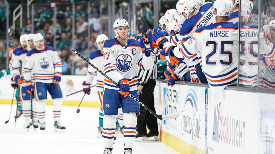 Connor McDavid of the Edmonton Oilers celebrates scoring a goal in the first period against the San Jose Sharks. (Photo by Kavin Mistry/NHLI via Getty Images)