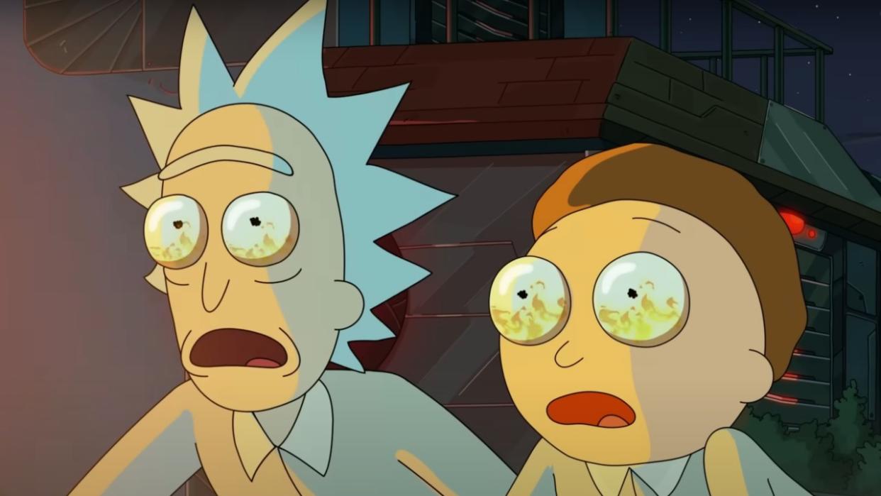  Rick and Morty reacting to a zombie hand. 