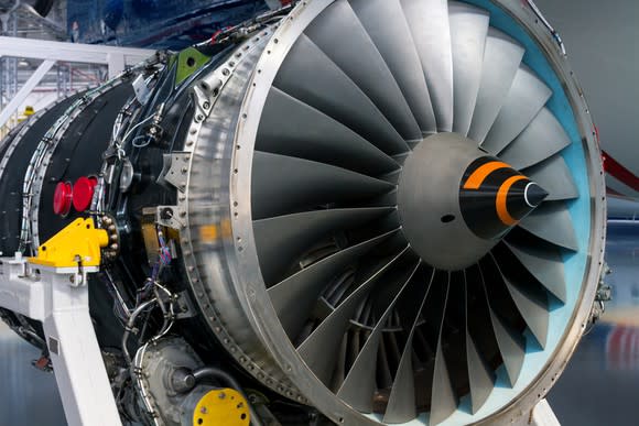 A jet engine being inspected.