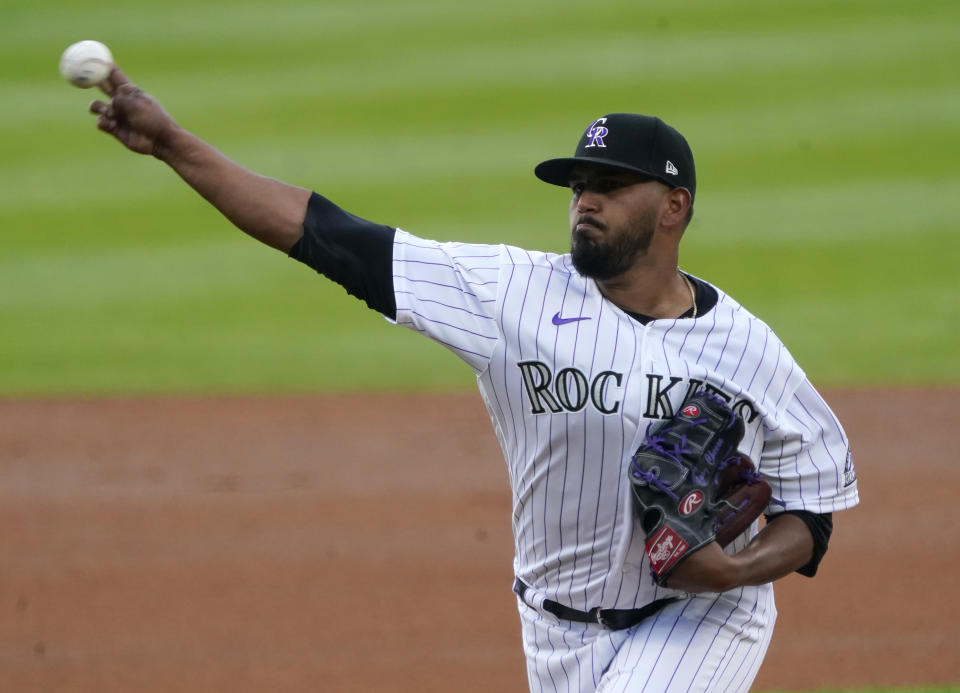 Colorado Rockies starting pitcher German Marquez (48) throws to the plate against the San Francisco Giants during the first inning of a baseball game, Tuesday, Aug. 4, 2020, in Denver. (AP Photo/Jack Dempsey)