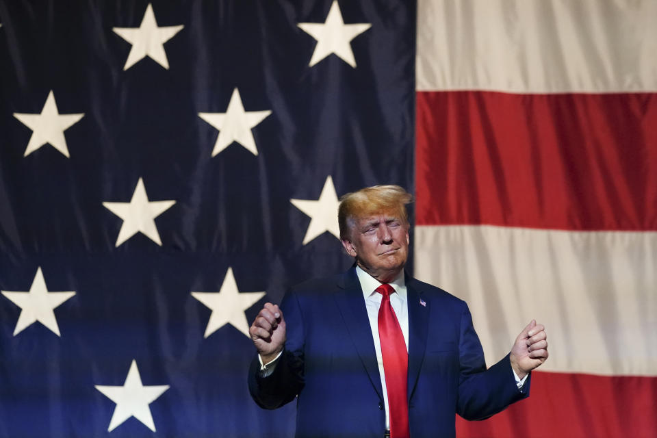 Former President Donald Trump speaks at the Georgia Republican convention, Saturday, June 10, 2023, in Columbus, Ga. (AP Photo/John Bazemore)