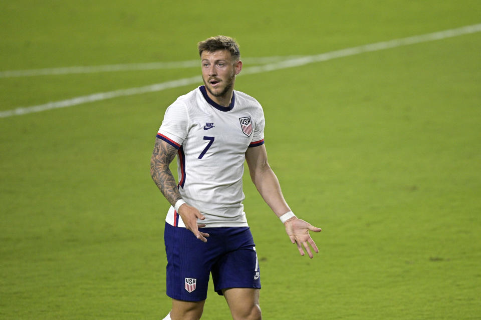 United States forward Paul Arriola (7) reacts to a play during the first half of an international friendly soccer match against Trinidad and Tobago, Sunday, Jan. 31, 2021, in Orlando, Fla. (AP Photo/Phelan M. Ebenhack)