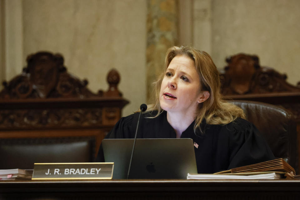 Wisconsin Supreme Court Justice Rebecca Grassl Bradley asks a question during a redistricting hearing at the Wisconsin state Capitol Building in Madison, Wis., on Tuesday, Nov. 21, 2023. (Ruthie Hauge/The Capital Times via AP, Pool)