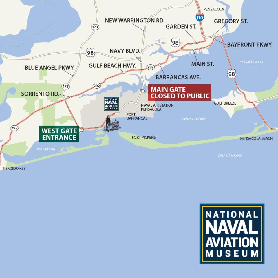 Public access to NAS Pensacola is available only from 9 a.m. to 3 p.m. through the West Gate on Blue Angel Parkway. All U.S. citizens or U.S. nationals 18 and older must have a REAL ID or passport.