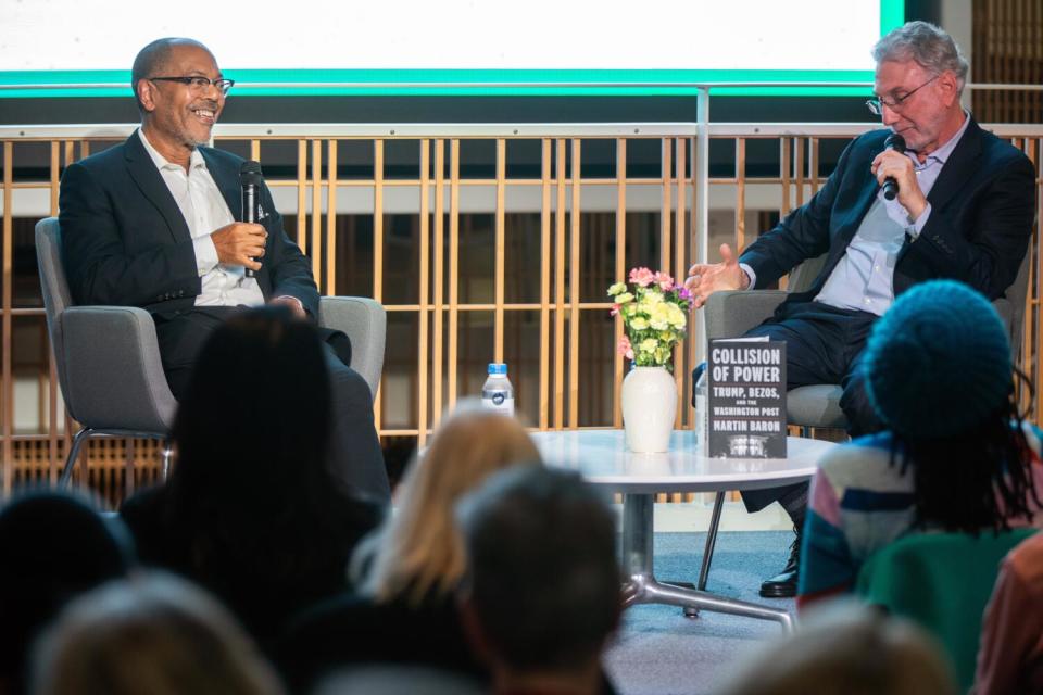 L.A. Times Executive Editor Kevin Merida, left, and former Washington Post editor Martin Baron, right, at USC.