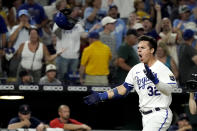 Kansas City Royals' Nick Pratto, celebrates after hitting a walk-off home run during the ninth inning of a baseball game against the Boston Red Sox Saturday, Aug. 6, 2022, in Kansas City, Mo. The Royals won 5-4. (AP Photo/Charlie Riedel)