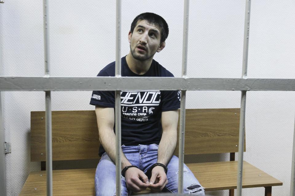 Rasul Mirzayev attends his trial where he was found guilty of involuntary manslaughter, at a court in Moscow, Tuesday, Nov. 27, 2012. Mirzayev was sentenced to two years of house arrest over the death of a man he had punched outside a club. (AP Photo)