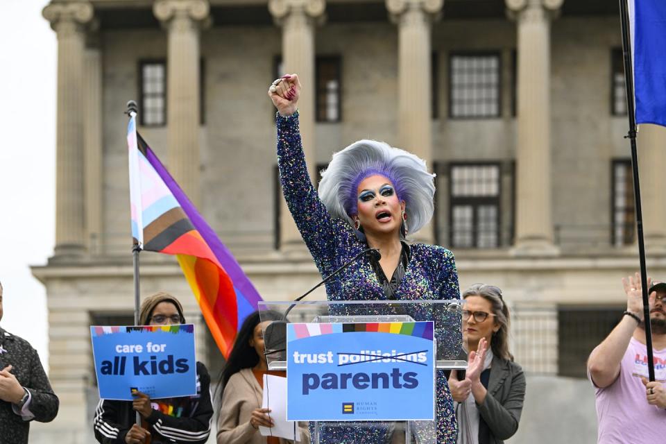 Drag artist Vidalia Anne Gentry at a news conference held by the Human Rights Campaign to draw attention to anti-drag bills in the state Legislature, Feb. 14, 2023, in Nashville, Tenn. <a href="https://newsroom.ap.org/detail/DragBanTennessee/b8a90a53e4d0486f85acda4375d5d73b/photo?Query=tennessee%20legislature&mediaType=photo&sortBy=arrivaldatetime:desc&dateRange=Anytime&totalCount=464&currentItemNo=1" rel="nofollow noopener" target="_blank" data-ylk="slk:John Amis/AP Images for Human Rights Campaign via AP, File;elm:context_link;itc:0;sec:content-canvas" class="link ">John Amis/AP Images for Human Rights Campaign via AP, File</a>