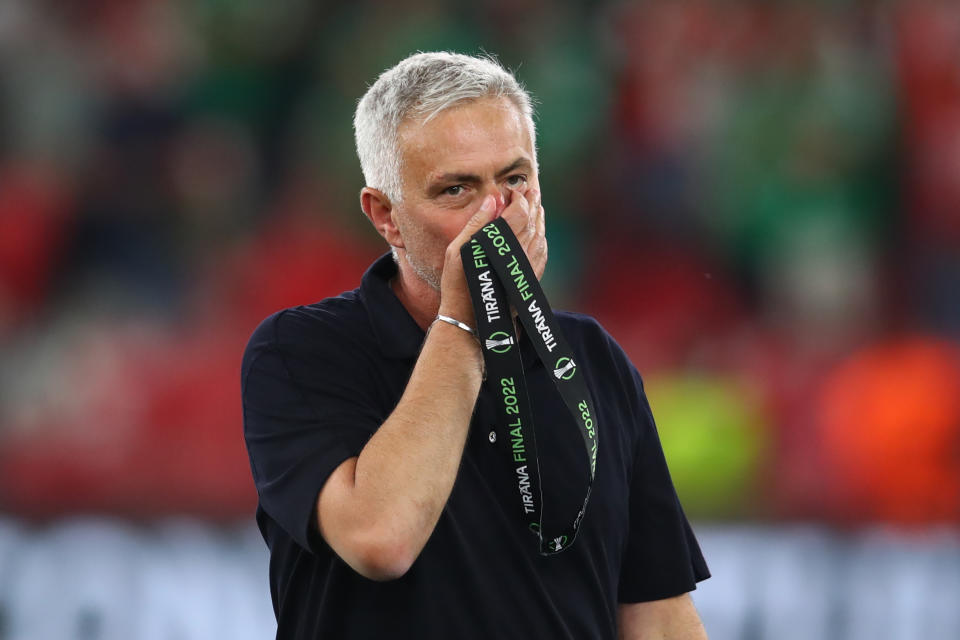 TIRANA, ALBANIA - MAY 25:  AS Roma Manager Jose Mourinho kisses his medal following his teams victory at the end of the UEFA Conference League final match between AS Roma and Feyenoord at Arena Kombetare on May 25, 2022 in Tirana, Albania. (Photo by Chris Brunskill/Fantasista/Getty Images)