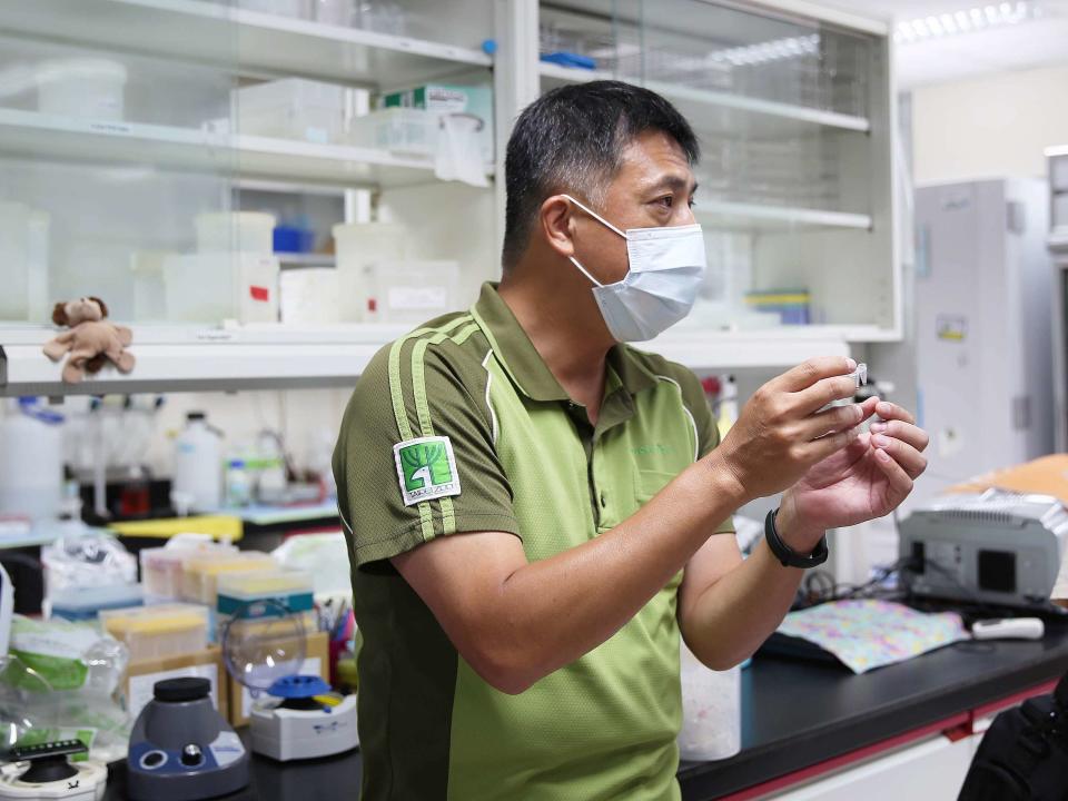 臺北市立動物園助理研究員張廖年鴻，協助綠色和平以DNA分析技術辨識黃喉貂的排遺，讓微塑膠研究調查更加精確。