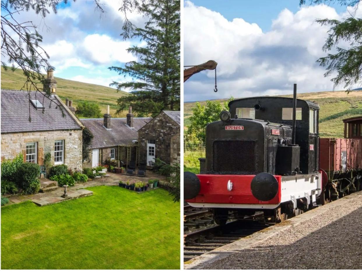 The Saughtree Station house, left, and the train outside it, right.