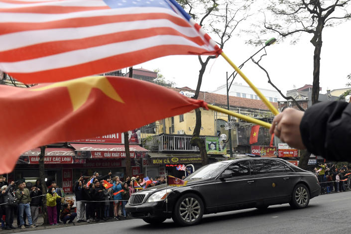 The motorcade transporting North Korean leader Kim Jong Un makes it way down a street in Hanoi, Vietnam, Tuesday, Feb. 26, 2019. Kim is in town for a summit with President Donald Trump. Trump and Kim first met last June in Singapore. But that face-to-face hasn't resulted in any solid plan for ridding the North of nuclear weapons. (AP Photo/Susan Walsh)